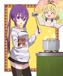 Rule 34 | 2girls, :d, ^ ^, black hairband, black shorts, black thighhighs, blonde hair, blunt bangs, blush, border, breasts, closed eyes, collarbone, commentary request, cooking pot, counter, cowboy shot, emphasis lines, flower, food, gochuumon wa usagi desu ka?, grey sweater, hair between eyes, hair ornament, hairband, hairclip, happy, highres, holding, holding ladle, kirima syaro, ladle, long hair, long sleeves, looking at viewer, medium breasts, mohei, multiple girls, open mouth, outside border, purple eyes, purple hair, shirt, short hair, short shorts, shorts, sidelocks, smile, sparkle, standing, steam, stove, striped clothes, striped sweater, sweater, tedeza rize, thighhighs, twintails, two-tone sweater, white border, white shirt, yellow background