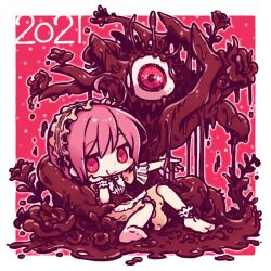 Rule 34 | 1girl, 2021, ahoge, barefoot, black ribbon, brown dress, brown flower, brown rose, center frills, chibi, chocolate, closed mouth, commentary request, dated commentary, dress, dripping, eyeball, flower, frilled hairband, frilled sleeves, frilled wristband, frills, hairband, hand on own cheek, hand on own face, monster, neck ribbon, original, outside border, outstretched arm, painttool sai (medium), pink background, pink eyes, pink hair, pink theme, puffy short sleeves, puffy sleeves, rakuni, ribbon, rose, short hair, short sleeves, sitting, smile, solo, tentacles, valentine