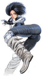 Rule 34 | 1girl, android, artist request, ass, black hair, boots, fingerless gloves, alita, battle angel alita, looking at viewer, single mechanical arm, red eyes, short hair, skin tight, solo, white background