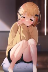 Rule 34 | 1girl, absurdres, bad id, bad pixiv id, bare legs, bat hair ornament, black shorts, blonde hair, blush, closed mouth, feet out of frame, hair ornament, highres, hololive, knees together feet apart, long sleeves, looking at viewer, own hands clasped, own hands together, shiranai02, short hair, short shorts, shorts, sitting, solo, sweater, virtual youtuber, yellow eyes, yellow sweater, yozora mel