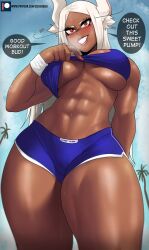 Rule 34 | 1girl, abs, absurdres, animal ear fluff, animal ears, blue shorts, blue sports bra, boku no hero academia, breasts, cloud, commentary, dark-skinned female, dark skin, day, echo saber, english commentary, english text, greyscale, grin, heavy breathing, highres, large breasts, lifted by self, long hair, looking at viewer, mirko, monochrome, nail polish, outdoors, paid reward available, palm tree, patreon logo, pink nails, rabbit ears, red eyes, short shorts, shorts, skindentation, smile, solo, sports bra, sweat, thick thighs, thighs, toned, tree, underboob, v-shaped eyebrows, watermark, web address, wide hips