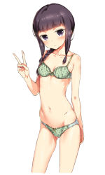 Rule 34 | 10s, 1girl, aida takanobu, black hair, blunt bangs, bra, braid, breasts, collarbone, green bra, green panties, grey eyes, hair over shoulder, kantai collection, kitakami (kancolle), looking at viewer, navel, panties, polka dot, polka dot bra, polka dot panties, simple background, single braid, small breasts, solo, stomach, underwear, underwear only, v, white background