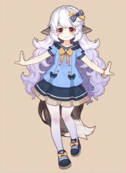 Rule 34 | 1girl, animal ears, big hair, blue footwear, blue shirt, blue skirt, blush, bracelet, breasts, brown background, closed mouth, collarbone, curly hair, highres, jewelry, long hair, original, outstretched arms, pantyhose, pleated skirt, red eyes, shirt, shoes, short sleeves, silver hair, simple background, skirt, small breasts, smile, solo, standing, standing on one leg, tail, tsubasa tsubasa, very long hair, white pantyhose