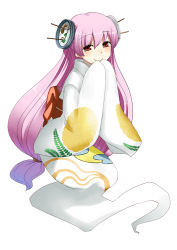 Rule 34 | 1girl, blush, closed mouth, copyright request, full body, ghost, gradient hair, hair ornament, hands up, hota, japanese clothes, kimono, long hair, long sleeves, looking at viewer, low-tied long hair, multicolored hair, obi, pink hair, print kimono, purple hair, red eyes, red sash, sash, simple background, smile, solo, very long hair, white background, white kimono, wide sleeves