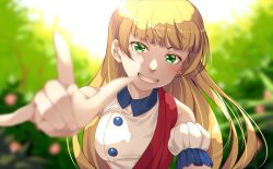 Rule 34 | 1girl, blonde hair, breasts, bush, commentary, green eyes, heanna sumire, highres, looking at viewer, love live!, love live! superstar!!, m/, medium breasts, mukunokino isshiki, nose, smile, solo, start!! true dreams (love live!), upper body