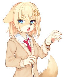 Rule 34 | 1girl, animal ears, blonde hair, blue eyes, bob cut, brown nails, cardigan, collared shirt, dog ears, dog girl, dog tail, fang, fingernails, furrification, furry, furry female, hair ornament, hands up, hololive, hololive english, jacket, jitome, long fingernails, long sleeves, looking at viewer, medium hair, monsterification, necktie, open mouth, red necktie, shirt, simple background, solo, tail, upper body, virtual youtuber, watson amelia, white background, white shirt, wing collar, yoako