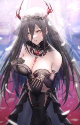 Rule 34 | 1girl, absurdres, azur lane, bare shoulders, black dress, black gloves, black hair, blurry, blurry background, breasts, bridal veil, bride, cleavage, detached collar, dress, elbow gloves, falling feathers, feathers, friedrich der grosse (azur lane), friedrich der grosse (zeremonie of the cradle) (azur lane), gloves, hair between eyes, hand on own chest, highres, horns, jewelry, large breasts, long hair, necklace, parted lips, pink lips, red carpet, standing, veil, wedding dress, yellow eyes, you (yoyou)