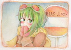 Rule 34 | 1girl, bad id, bad pixiv id, border, bus stop, covering own mouth, goggles, goggles on head, green eyes, green hair, gumi, mary (jun&#039;ichi), matching hair/eyes, mittens, red-tinted eyewear, scarf, short hair, sign, solo, tinted eyewear, traditional media, vocaloid