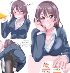 Rule 34 | 1girl, aged up, alcohol, blazer, blue eyes, blush, breasts, brown hair, carrying, cleavage, collared shirt, commentary request, cup, dress shirt, drinking, earrings, closed eyes, faceless, faceless male, formal, grin, hair between eyes, hand on own cheek, hand on own face, highres, jacket, jewelry, large breasts, love live!, love live! sunshine!!, office lady, pantyhose, paper, piggyback, pinstripe pattern, pinstripe suit, shirt, smile, smirk, striped, suit, table, watanabe you, white shirt, yotunu 911