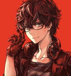 Rule 34 | 10s, 1boy, amamiya ren, bad id, bad twitter id, black hair, glasses, gloves, headphones, highres, jin (phoenixpear), looking at viewer, male focus, persona, persona 5, persona 5: dancing star night, persona dancing, red background, short hair, smile, solo