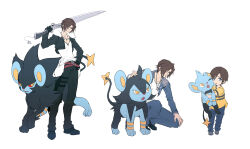 Rule 34 | absurdres, aged down, belt, blue eyes, brown hair, commentary, creatures (company), crossover, final fantasy, final fantasy viii, fur-trimmed hood, fur trim, game freak, gen 4 pokemon, gunblade, hair over one eye, hand on own hip, highres, hood, jacket, jewelry, luxio, luxray, multiple belts, necklace, nintendo, on one knee, pants, pokemon, shinx, shirt, short hair, soo (sr00a2ht), squall leonhart, t-shirt, weapon, yellow shirt