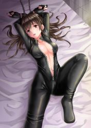 Rule 34 | 1girl, bed, belly, blush, bodysuit, bound, breasts, brown eyes, brown hair, chain, chained, chained wrists, fingerless gloves, gloves, highres, large breasts, long hair, looking at viewer, lying, mutsuki melo, navel, open clothes, open mouth, unzipped, zipper