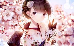 Rule 34 | 1girl, arrow (projectile), atha (leejuiping), blue sky, blurry, blurry background, blush, branch, brown eyes, brown hair, closed mouth, commentary request, day, depth of field, flower, glint, hair flower, hair ornament, hamaya, head tilt, highres, holding, holding arrow, japanese clothes, kimono, looking at viewer, looking to the side, original, outdoors, revision, short hair, sky, smile, solo, striped clothes, striped kimono, upper body, vertical-striped clothes, vertical-striped kimono, white flower, white kimono