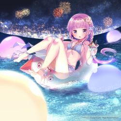 Rule 34 | 1girl, ass, barefoot, bikini, blunt bangs, blush, braid, breasts, bubble, eating, feet, fireworks, flower, food, fruit, full body, hair flower, hair intakes, hair ornament, highres, holding, ice cream, innertube, jewelry, knees up, legs, long hair, lying, magia record: mahou shoujo madoka magica gaiden, mahou shoujo madoka magica, necklace, night, night sky, on back, open mouth, outdoors, partially submerged, pink eyes, pink hair, ponytail, sky, small breasts, soles, solo, spoon, star (sky), starry sky, sundae, swim ring, swimsuit, tamaki iroha, tamaki iroha (swimsuit ver.), thighs, toes, umiusea works, very long hair, water, white bikini