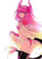 Rule 34 | 1girl, :o, aqua eyes, armor, ass, bikini armor, black thighhighs, cape, curled horns, dragon tail, elizabeth bathory (brave) (fate), elizabeth bathory (fate), fang, fate/grand order, fate (series), from side, gauntlets, hizuki aya, horns, long hair, looking to the side, pauldrons, pink hair, pointy ears, red armor, shoulder armor, solo, tail, thighhighs, white background