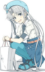 Rule 34 | 1girl, :d, ahoge, akitsushima (kancolle), alternate costume, bad id, bad tumblr id, bag, blue hat, earrings, hat, jewelry, kantai collection, long hair, mitsukoshi (department store), ninimo nimo, open mouth, pantyhose, product placement, purple eyes, purple hair, shopping bag, short sleeves, side ponytail, sidelocks, simple background, smile, solo, white background
