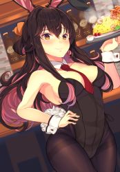 Rule 34 | 1girl, alcohol, animal ears, bar (place), bare shoulders, beef, black hair, black leotard, black pantyhose, bottle, bow, bowtie, breasts, chair, cherry tomato, cleavage, counter, covered navel, detached collar, fake animal ears, fang, food, hair ribbon, hand on own hip, highres, indoors, kantai collection, leotard, looking at viewer, medium breasts, mizuyoukan (mikususannda), multicolored hair, naganami (kancolle), necktie, pantyhose, pink hair, plate, playboy bunny, rabbit ears, rabbit tail, red neckwear, ribbon, rice, shrimp, solo, strapless, strapless leotard, table, tail, thighband pantyhose, tomato, tray, two-tone hair, wavy hair, wrist cuffs, yellow eyes