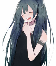Rule 34 | 1girl, :d, ^ ^, bare shoulders, black dress, blue hair, c4991, closed eyes, dress, hand up, hatsune miku, long hair, open mouth, simple background, smile, solo, teeth, twintails, very long hair, vocaloid, white background
