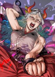 Rule 34 | 1girl, arm up, bare arms, bare shoulders, blue hair, blurry, blurry background, chain, club, club (weapon), constricted pupils, crazy eyes, cuffs, curled horns, earrings, eye trail, fighting stance, fingernails, foreshortening, green hair, grey hair, hair ornament, hair stick, hakama, hakama pants, highres, holding, holding weapon, horns, ishii (isinaka yoh), japanese clothes, jewelry, kanabou, kimono, light trail, long hair, multicolored hair, multicolored horns, one piece, oni, open mouth, orange horns, pants, red eyes, red hakama, red horns, rope, shackles, shimenawa, sleeveless, sleeveless kimono, solo, teeth, tongue, v-shaped eyebrows, weapon, yamato (one piece)