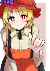 Rule 34 | 1girl, aki minoriko, apron, blonde hair, breasts, bright pupils, brown background, closed mouth, cowboy shot, food, fruit, grapes, hat, highres, kameyan, large breasts, leaning forward, looking at viewer, red apron, red eyes, red hat, short hair, smile, solo, standing, touhou, white pupils