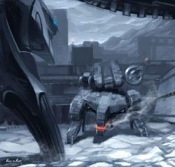 Rule 34 | cannon, dated, directed-energy weapon, energy cannon, epic, free-electron laser cannon, glowing, highres, laser cannon, mecha, metal gear (series), metal gear ray, metal gear rex, metal gear solid 4: guns of the patriots, no humans, non-humanoid robot, robot, showdown, signature, snow, spoilers, weapon, yelansu