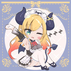 1girl apron aqua_eyes arm_up armpits black_horns black_shoes black_skirt blonde_hair border bow bowtie breast_tattoo breasts center_frills chibi chibi_only cleavage clenched_hand corset demon_girl demon_horns demon_tail demon_wings detached_sleeves fishnets frilled_apron frilled_skirt frilled_sleeves frills garter_straps gradient_hair highres holding_own_tail hololive horn_ornament horn_ring horns invisible_floor knees_up large_breasts long_hair long_sleeves looking_at_viewer maid maid_headdress mary_janes miniskirt multicolored_hair nishi_azuma official_alternate_costume orange_hair pink_hair pointy_ears presenting_armpit red_bow red_bowtie ribbon-trimmed_thighhighs ribbon_trim see-through_cleavage see-through_clothes shirt shoes sitting skirt sleepy sleeveless sleeveless_shirt solo stretching swept_bangs tail tattoo tearing_up thighhighs underbust virtual_youtuber waist_apron white_apron white_garter_straps white_shirt white_thighhighs winged_heart winged_heart_tattoo wings yawning yuzuki_choco yuzuki_choco_(maid) zzz