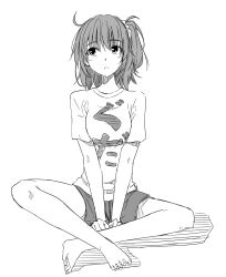 Rule 34 | 1girl, :&lt;, alternate costume, barefoot, casual, closed mouth, fate/grand order, fate (series), fujimaru ritsuka (female), full body, greyscale, hako roku, highres, looking up, monochrome, one side up, shirt, short hair, short sleeves, shorts, sketch, solo, t-shirt