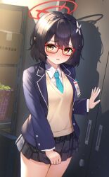 Rule 34 | 1girl, ayane (blue archive), black hair, black jacket, black skirt, blazer, blue archive, blue necktie, blush, collared shirt, cowboy shot, glasses, halo, indoors, jacket, long sleeves, looking at viewer, mimihachi, necktie, open clothes, open jacket, open mouth, pleated skirt, pointy ears, red-framed eyewear, red halo, shirt, short hair, skirt, solo, vest, white shirt, yellow eyes, yellow vest