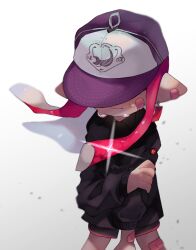 Rule 34 | 1girl, bandage on face, bandages, black shirt, black shorts, collared shirt, covered eyes, crying, earrings, frown, hand on own arm, hat, highres, inkling, inkling girl, inkling player character, jewelry, long sleeves, nintendo, pink hair, pointy ears, purple headwear, sahata saba, shirt, short shorts, shorts, simple background, splatoon (series), teardrop, tears, white background