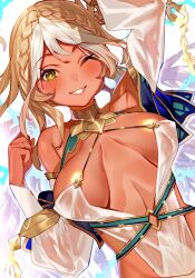 Rule 34 | 1girl, absurdres, andromeda (fate), andromeda (first ascension) (fate), breasts, brown hair, choker, cleavage, covered erect nipples, dark-skinned female, dark skin, detached sleeves, fate/grand order, fate (series), gold choker, green eyes, highres, large breasts, light brown hair, multicolored hair, parted lips, see-through, smile, solo, teeth, tsukudani (ore624), two-tone hair, white hair