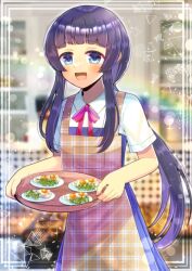 Rule 34 | 1girl, :d, apron, black hair, blue dress, blue eyes, blurry, blurry background, brown apron, collared shirt, commentary request, commission, depth of field, dress, dress shirt, fried egg, holding, holding tray, kou hiyoyo, long hair, low ponytail, neck ribbon, open mouth, original, plaid, plaid apron, plate, pleated dress, ponytail, red ribbon, ribbon, shirt, short sleeves, sidelocks, skeb commission, sleeveless, sleeveless dress, smile, solo, tray, very long hair, white shirt