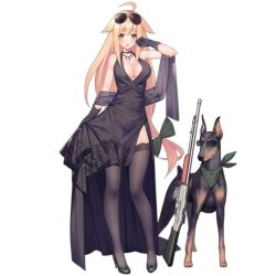 Rule 34 | 1girl, ahoge, alternate costume, animal, automatic rifle, aviator sunglasses, blonde hair, blush, breasts, browning automatic rifle, choker, cleavage, doberman, dog, dress, eyewear on head, formal, full body, girls&#039; frontline, gloves, green eyes, gun, high heels, jewelry, large breasts, light machine gun, long hair, looking at viewer, low-tied long hair, m1918 (girls&#039; frontline), m1918 (tender nocturne) (girls&#039; frontline), m1918 bar, machine gun, necklace, official alternate costume, official art, smile, squad automatic weapon, standing, suisai (suisao), sunglasses, sunglasses on head, thighhighs, transparent background, very long hair, weapon