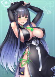 Rule 34 | 1girl, animal ears, armpits, arms behind head, arms up, bare shoulders, black dress, black hair, blue archive, blush, bosshi, breasts, china dress, chinese clothes, cleavage, detached sleeves, dress, green eyes, highres, large breasts, long hair, looking at viewer, open mouth, ponytail, shun (blue archive), side slit, sideboob, sidelocks, smile, solo, tassel, tiger ears