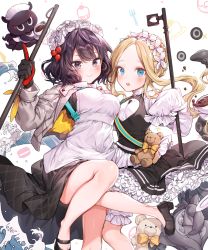 Rule 34 | 2girls, abigail williams (fate), abigail williams (festival outfit) (fate), absurdres, animal, apron, black dress, black footwear, black gloves, blonde hair, bloomers, blue eyes, blush, bow, braid, breasts, brown bow, butterfly hair ornament, closed mouth, commentary request, cup, dress, fate/grand order, fate (series), forehead, gloves, grey jacket, hair ornament, heart, heroic spirit festival outfit, highres, holding, holding cup, index finger raised, jacket, katsushika hokusai (fate), katsushika hokusai (festival outfit) (fate), keyhole, long hair, long sleeves, looking at viewer, medium breasts, multiple girls, octopus, official alternate costume, open clothes, open jacket, parted bangs, pillo, purple eyes, purple hair, saucer, shirt, shoes, sidelocks, sleeveless, sleeveless dress, sleeves past fingers, sleeves past wrists, small breasts, smile, stuffed animal, stuffed toy, suction cups, teddy bear, tentacles, tokitarou (fate), underwear, very long hair, white apron, white background, white bloomers, white shirt