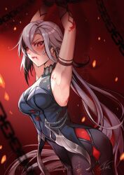 Rule 34 | 1girl, absurdres, arlecchino (genshin impact), armpits, arms up, bare arms, black hair, black pants, black shirt, breasts, chain, chained, chinnpou, commentary request, cowboy shot, genshin impact, grey hair, highres, large breasts, long hair, looking at viewer, multicolored hair, pants, parted lips, shirt, sleeveless, sleeveless shirt, solo, standing, streaked hair, very long hair