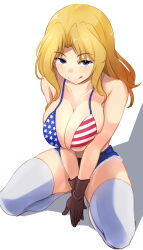 Rule 34 | 1girl, american flag bikini, bikini, blonde hair, blue eyes, blue shorts, blush, breasts, brown gloves, cleavage, closed mouth, flag print, from above, girls und panzer, gloves, highres, kay (girls und panzer), kitayama miuki, large breasts, long hair, looking at viewer, short shorts, shorts, simple background, smile, solo, swimsuit, thighhighs, tongue, tongue out, white background, white thighhighs