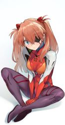 1girl, bangs, blue eyes, blush, breasts, evangelion: 3.0 you can (not) redo, eyepatch, hair ornament, highres, long hair, neon genesis evangelion, nonco, orange hair, plugsuit, rebuild of evangelion, simple background, sitting, small breasts, smile, solo, soryu asuka langley, twintails, white background