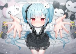 Rule 34 | 1girl, :i, bed, black bow, black dress, black nails, blue hair, bow, can, center frills, character doll, character request, closed mouth, commentary request, dress, frills, hair bow, hair ornament, hairclip, highres, jewelry, kanae (tsukiman), long hair, long sleeves, looking at viewer, nail polish, on bed, original, pleated dress, rabbit hair ornament, reaching, reaching towards viewer, red eyes, ring, shirt, sitting, sleeveless, sleeveless dress, sleeves past wrists, solo, strong zero, tears, thigh strap, tsukiman, twintails, very long hair, white shirt