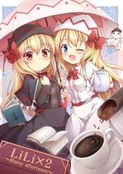 Rule 34 | 2girls, baku-p, black dress, blonde hair, blue eyes, blush, book, bow, capelet, center frills, coffee, coffee beans, coffee cup, cup, disposable cup, dress, dual persona, eyebrows, frills, hat, highres, lily black, lily white, long hair, long sleeves, looking at viewer, multiple girls, one eye closed, open mouth, red bow, red eyes, shared umbrella, smile, teapot, teruterubouzu, touhou, umbrella, white dress