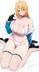 Rule 34 | 1girl, bare shoulders, bikini, black gloves, blonde hair, blue eyes, blue jacket, blush, braid, breasts, choker, cleavage, collarbone, fishnet thighhighs, fishnets, gloves, grin, hair between eyes, highleg, highleg bikini, highres, jacket, large breasts, long hair, long sleeves, looking at viewer, mole, mole on breast, mole on stomach, mole under mouth, navel, off shoulder, open clothes, open jacket, original, sitting, smile, solo, sukebewe, swimsuit, thighhighs, thighs, wariza, white background, white bikini