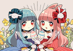 Rule 34 | 2girls, :3, absurdres, alternate costume, animal ears, blue bow, blue dress, blunt bangs, bow, choker, closed mouth, commentary, dress, easter, easter egg, egg, floppy ears, floral background, flower, flower request, frilled gloves, frilled sleeves, frills, gloves, grey background, hair bow, hair ornament, hand up, highres, holding, holding egg, kemonomimi mode, kotonoha akane, kotonoha aoi, light blush, long hair, looking at viewer, multiple girls, open mouth, oyasumi makura, puffy short sleeves, puffy sleeves, rabbit ears, rabbit hair ornament, red bow, red dress, red eyes, short sleeves, siblings, side-by-side, sidelocks, sisters, smile, striped clothes, striped dress, upper body, vertical-striped clothes, vertical-striped dress, voiceroid, wavy hair, yellow choker, yellow flower