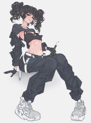 Rule 34 | 1girl, black gloves, black hair, black pants, black sports bra, bottle, elliemaplefox, full body, gloves, highres, holding, holding bottle, invisible chair, long hair, long sleeves, looking at viewer, midriff, navel, original, pants, parted lips, shoes, simple background, sitting, smile, solo, sports bra, twintails, white background, white footwear