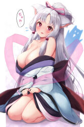 Rule 34 | 1girl, :3, animal ears, back bow, bare shoulders, blush, bow, breasts, cleavage, clothes grab, clothes lift, eyelashes, flying sweatdrops, full body, grabbing, hair bobbles, hair ornament, hair ribbon, head tilt, highres, huge breasts, japanese clothes, kimono, kimono lift, kimono pull, long hair, looking at viewer, nekopan mashiro, no bra, off shoulder, open mouth, outside border, parted bangs, pink eyes, pink ribbon, ponytail, pulled by self, ribbon, sidelocks, simple background, sitting, smile, solo, straight hair, touhoku itako, very long hair, voiceroid, white background, white hair, white kimono