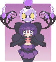 Rule 34 | 1girl, blunt bangs, bob cut, bow, breasts, buttons, chandelure, cleavage, creatures (company), elbow gloves, fire, game freak, gen 5 pokemon, ghost, glasses, gloves, highres, inkerton-kun, large bow, large breasts, nintendo, pantyhose, pokemon, pokemon (creature), pokemon bw, purple eyes, purple fire, purple hair, purple skirt, rimless eyewear, round eyewear, shauntal (pokemon), skirt, yellow eyes