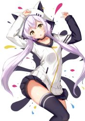 Rule 34 | 1girl, animal ears, animal hood, arms up, azuma lim, azuma lim channel, black choker, black skirt, black thighhighs, blush, breasts, brown eyes, cat ears, cat hood, choker, collarbone, commentary request, ear piercing, fake animal ears, hair between eyes, highres, hood, hood up, hooded jacket, jacket, lemon tea (15058751917), long hair, long sleeves, low twintails, piercing, pleated skirt, purple hair, skirt, small breasts, solo, thighhighs, twintails, very long hair, virtual youtuber, white background, white jacket