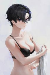 Rule 34 | 1girl, absurdres, bare arms, black bra, black hair, blue eyes, blue hair, bra, breasts, cleavage, closed mouth, collarbone, copyright request, ear piercing, earrings, from side, hair between eyes, highres, jewelry, looking at viewer, multiple earrings, navel, no shirt, piercing, purple eyes, shirt, short hair, simple background, solo, strap slip, t-shirt, tanna, underwear, undressing, upper body, white background, white shirt