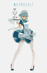 Rule 34 | 1girl, apron, black footwear, blue shirt, blue sky, bow, bowtie, braid, candle, candlestand, commentary, copyright name, cup, drinking glass, frills, full body, green bow, green bowtie, grey eyes, grey hair, hair bow, hand up, highres, holding, holding knife, holding tray, izayoi sakuya, knife, maid headdress, shirt, short hair with long locks, short sleeves, sky, solo, thighhighs, touhou, tray, tss-mire, twin braids, white thighhighs, wine glass, wrist cuffs