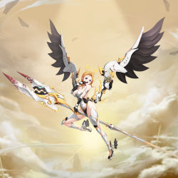 Rule 34 | 1girl, absurdres, angel, angel wings, armlet, black gloves, blonde hair, blood, bloody weapon, blue eyes, breasts, cloud, cobalis, commentary, covered navel, english commentary, full body, gloves, high heels, highleg, highleg leotard, highres, holding, holding polearm, holding weapon, impossible clothes, large breasts, leotard, mechanical wings, medium hair, original, platform footwear, polearm, solo, spear, tongue, tongue out, weapon, wings