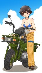 Rule 34 | 10s, 1girl, bikini, bikini top only, black footwear, blue bikini, breasts, brown eyes, brown hair, cleavage, closed mouth, clothes around waist, cloud, cloudy sky, commentary request, day, dirt bike, full body, girls und panzer, gloves, grey gloves, helmet, holding, honda motra, jumpsuit, looking at viewer, mechanic, medium breasts, motor vehicle, motorcycle, nakajima (girls und panzer), orange jumpsuit, outdoors, shadow, shirt, shirt around waist, shoes, short hair, sitting, sky, smile, solo, swimsuit, uona telepin, white background