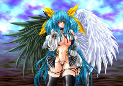 Rule 34 | 1girl, arc system works, asymmetrical wings, blue hair, bow, breasts, cleavage, detached sleeves, dizzy (guilty gear), guilty gear, hair bow, huge breasts, large breasts, lingerie, long hair, nipples, red eyes, ribbon, shujin, solo, tail, thighhighs, twintails, underwear, wings